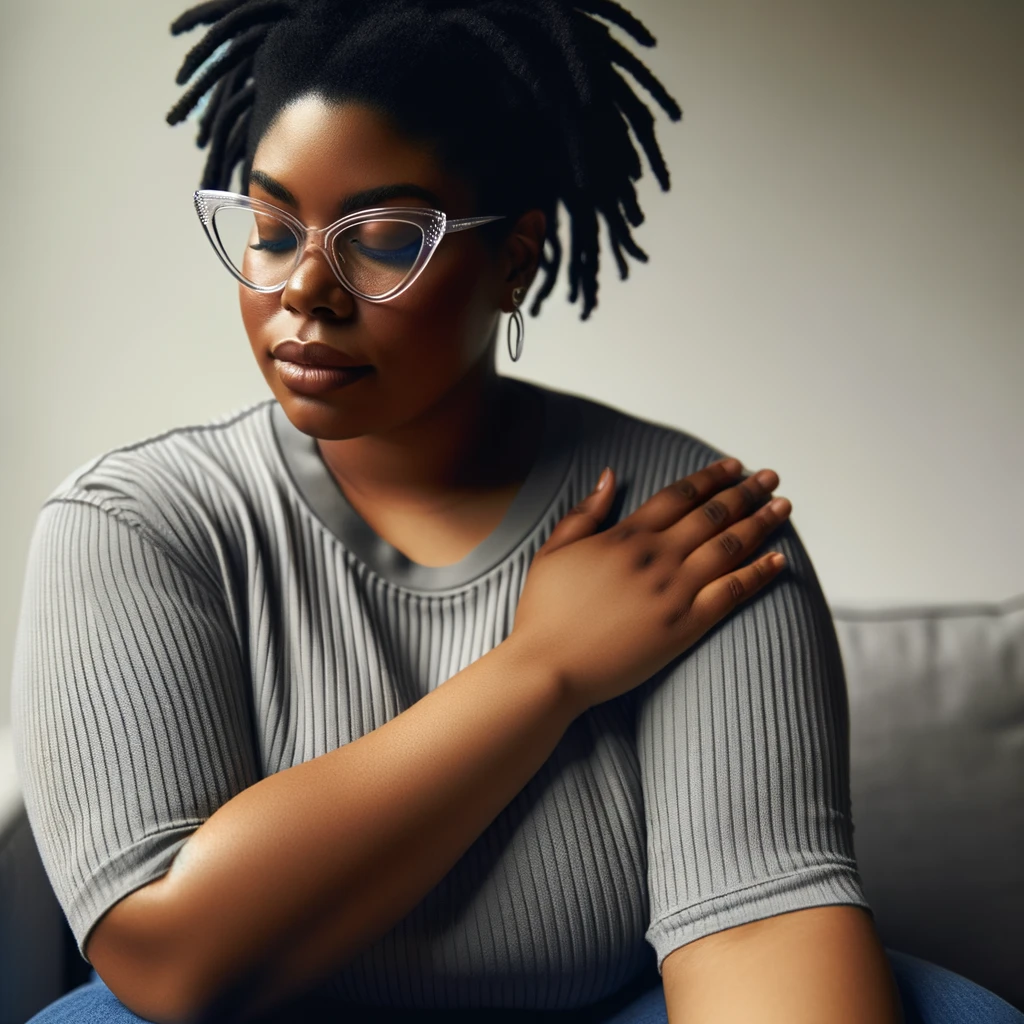 A plus-size Black woman with locs, wearing glasses, practicing self-compassion with her hand on her chest for EFT in a serene indoor setting