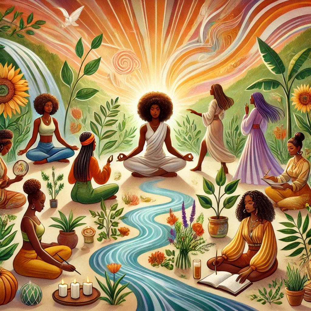 An illustration of Black women in a lush natural setting practicing meditation, journaling, and self-care, surrounded by plants, flowers, and flowing water, symbolizing harmony and empowerment