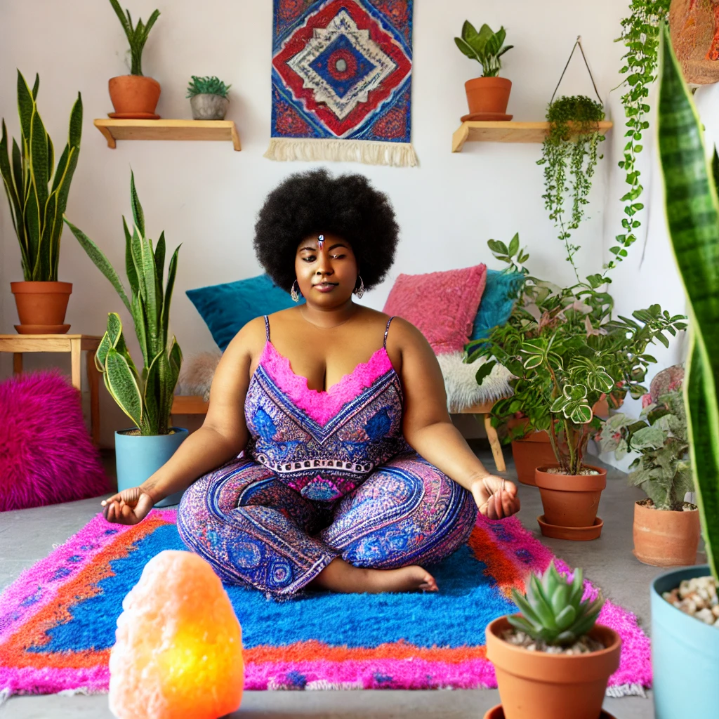 A plus-size Black woman with an afro meditating on a colorful rug in a plant-filled boho-style space.