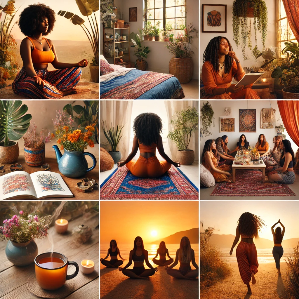 A collage of serene wellness scenes, including meditation, tea, nature, journaling, and a diverse group gathering in a cozy, plant-filled space